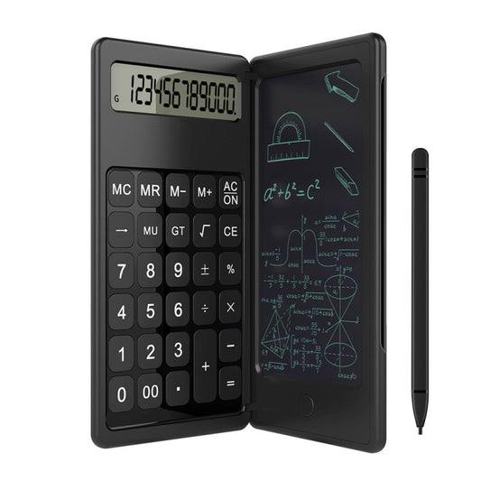 Foldable LCD writing calculator with keypad, large screen, and black stylus pen.