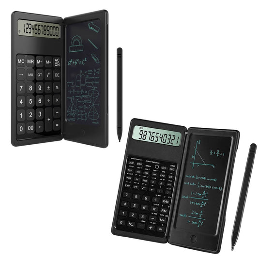 Foldable LCD writing calculator set with keypad, LCD writing screen, and stylus pen.