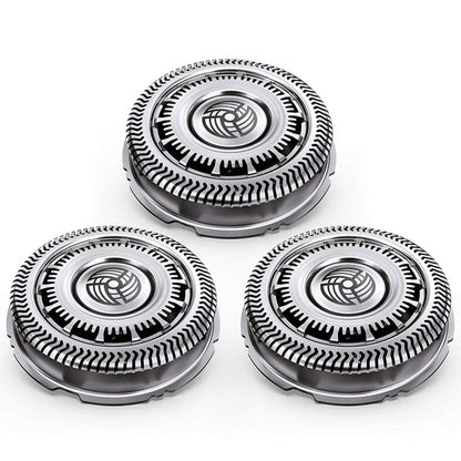 Three-piece electric shaver head with circular cutting blades, silver and black