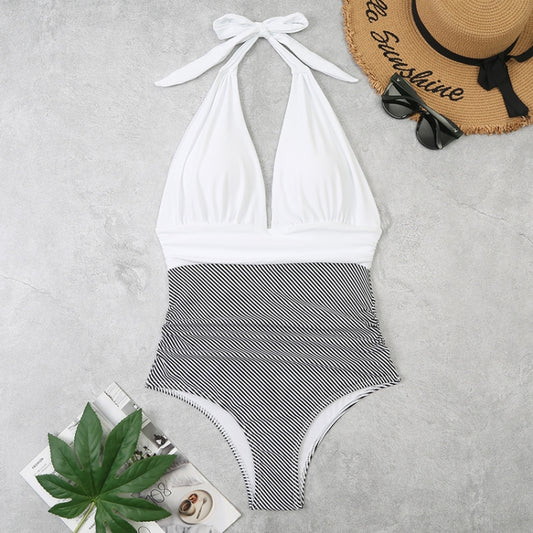 Summer One-piece Backless Lace-Up Ladies Swimsuit Floral-print Halter Bikini, S, M, L, XL