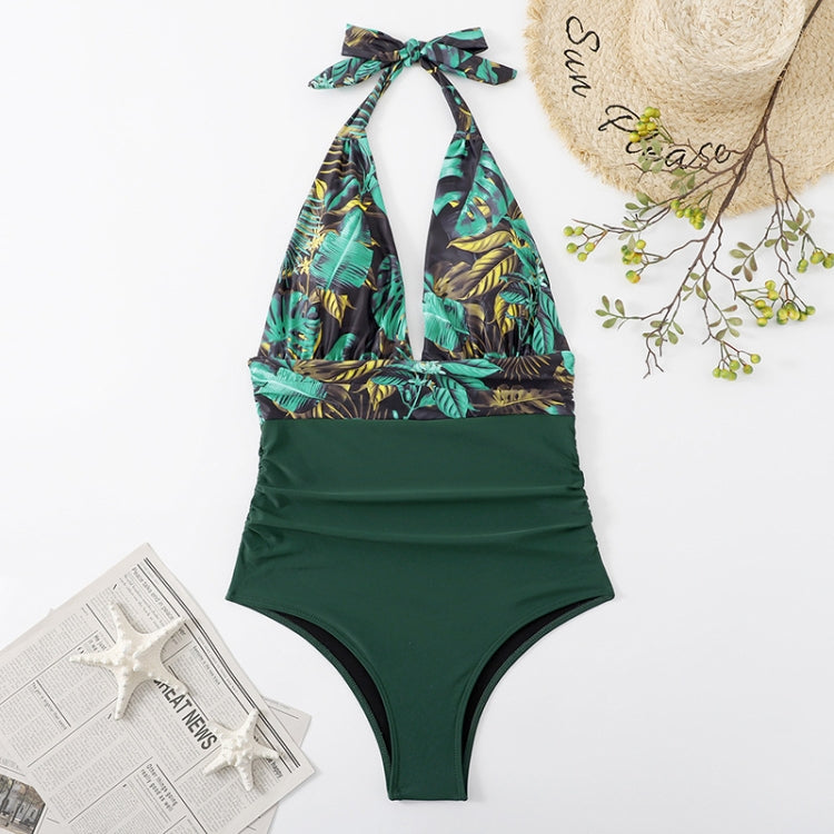 Summer One-piece Backless Lace-Up Ladies Swimsuit Floral-print Halter Bikini, S, M, L, XL