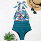 Summer One-piece Backless Lace-Up Ladies Swimsuit Floral-print Halter Bikini, S, M, L, XL