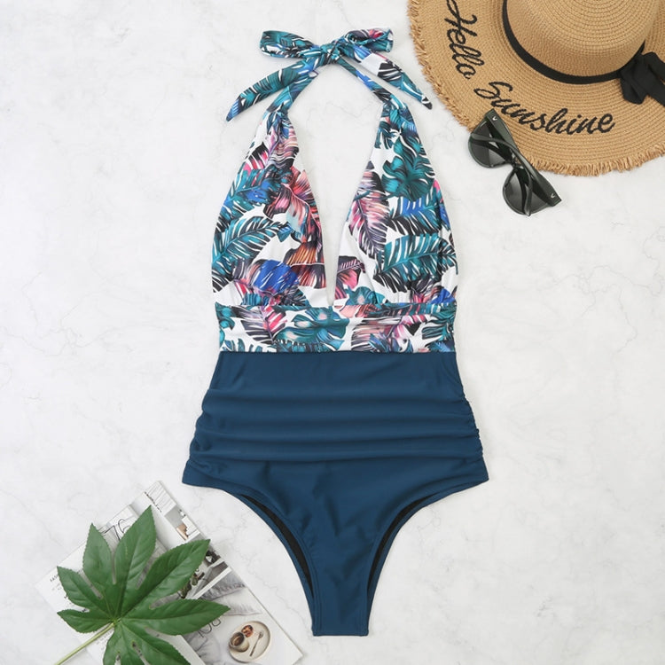 Summer One-piece Backless Lace-Up Ladies Swimsuit Floral-print Halter Bikini, S, M, L, XL