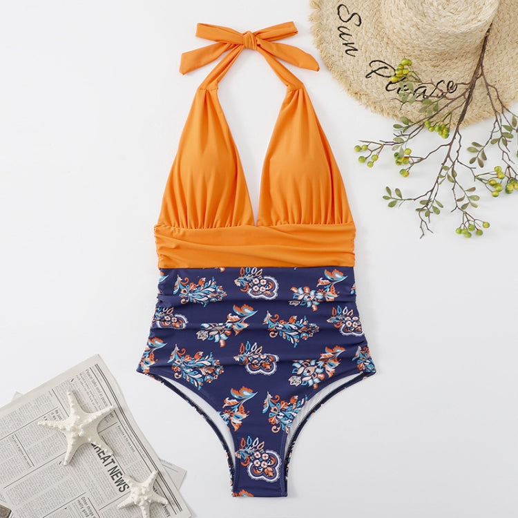 Summer One-piece Backless Lace-Up Ladies Swimsuit Floral-print Halter Bikini, S, M, L, XL