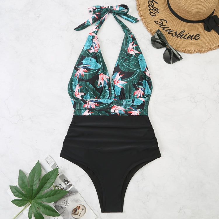 Summer One-piece Backless Lace-Up Ladies Swimsuit Floral-print Halter Bikini, S, M, L, XL