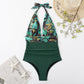 Summer One-piece Backless Lace-Up Ladies Swimsuit Floral-print Halter Bikini, S, M, L, XL