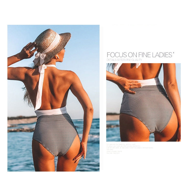 Summer One-piece Backless Lace-Up Ladies Swimsuit Floral-print Halter Bikini, S, M, L, XL