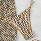 Ripple print mesh bikini bottom with thin straps and gold-trim edge