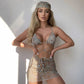 Yellow mesh three-piece swimsuit with wavy ripple print, lace-up top and mini skirt