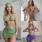 Multicolor mesh three-piece swimsuit set with wavy ripple print and lace-up straps