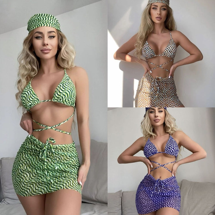 Multicolor mesh three-piece swimsuit set with wavy ripple print and lace-up straps
