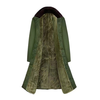 Long green coat with dark faux-fur collar, quilted lining, flared hem
