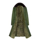 Long green coat with dark faux-fur collar, quilted lining, flared hem