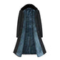 Long blue coat with dark faux-fur collar, quilted lining, flared hem