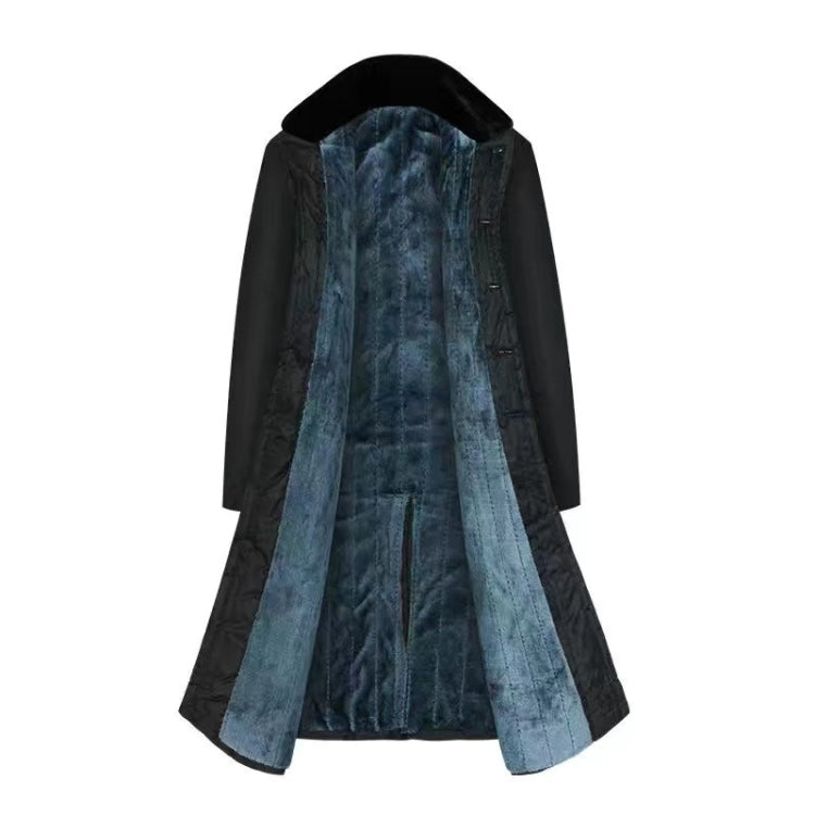 Long blue coat with dark faux-fur collar, quilted lining, flared hem