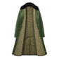 Long olive-green coat with dark faux-fur collar and quilted inner lining