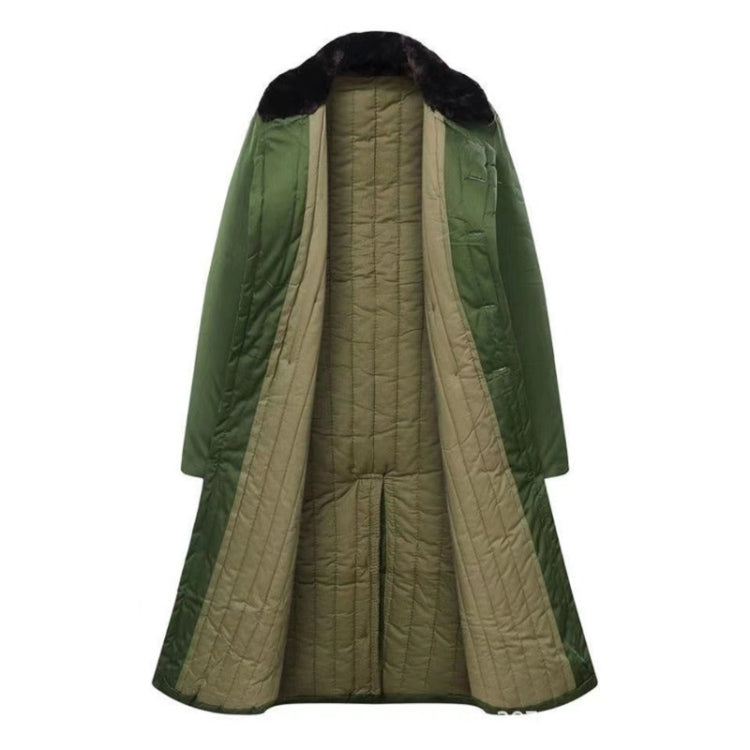 Long olive-green coat with dark faux-fur collar and quilted inner lining