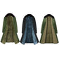 Three long coats shown together: olive-green, blue, and dark with faux-fur collars