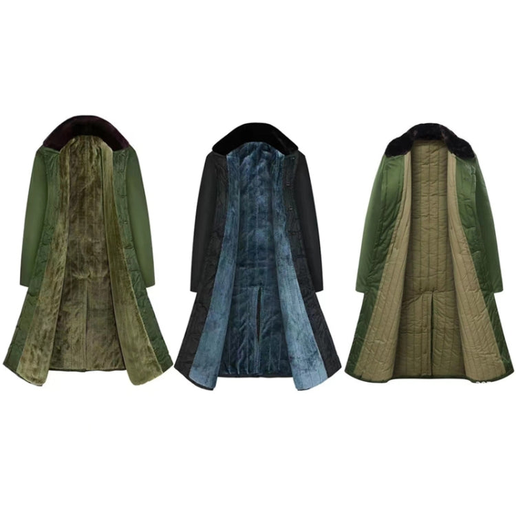 Three long coats shown together: olive-green, blue, and dark with faux-fur collars