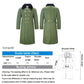 Green long quilted coat listing with front and back size guide diagram