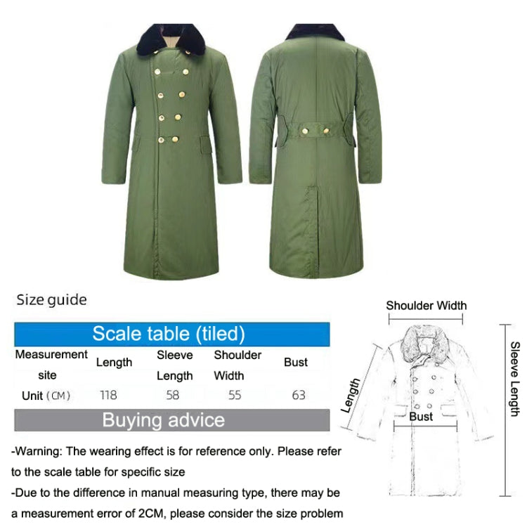Green long quilted coat listing with front and back size guide diagram