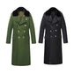 Long double-breasted coats with faux-fur collars—green and black with metal buttons