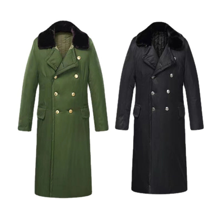 Long double-breasted coats with faux-fur collars—green and black with metal buttons