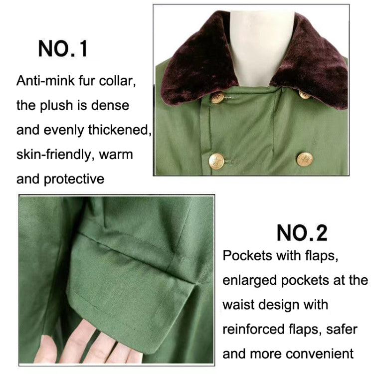 Green coat details: dark faux-fur collar, round metal buttons, flap pockets