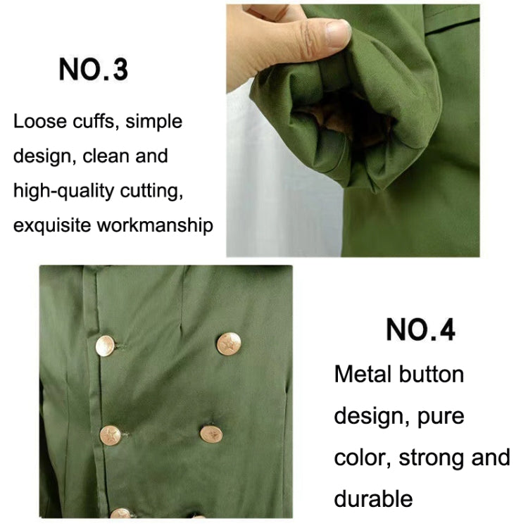 Green coat close-up: loose cuffs and round metal buttons on front panel