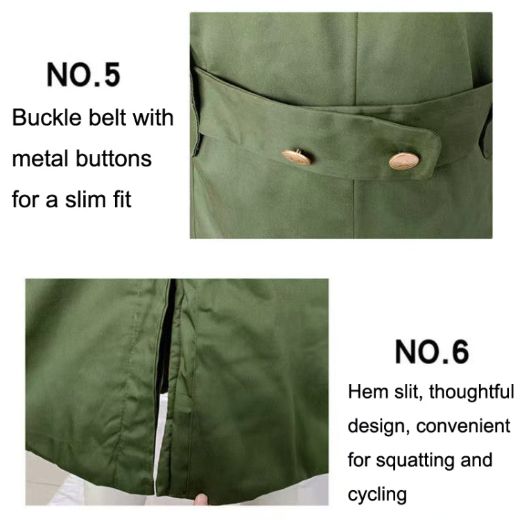 Green coat waist buckle belt with metal buttons and side hem slit design