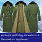 Green long quilted coat with hood and gold buttons, front and back views shown