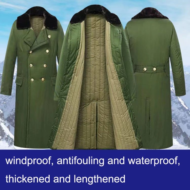 Green long quilted coat with hood and gold buttons, front and back views shown