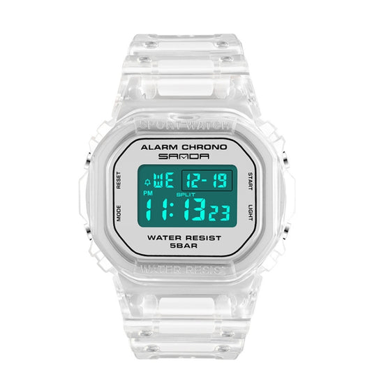 SANDA sport waterproof calendar watch with silver bezel, clear strap, and teal digital display