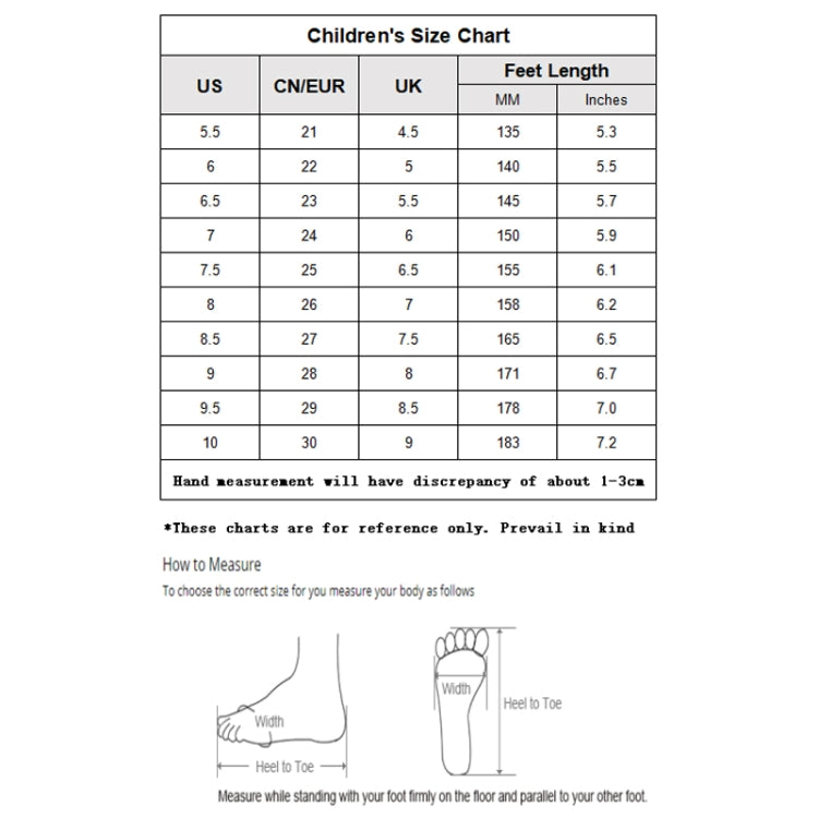 Children's size chart table with US and EU sizes, foot length in mm and inches