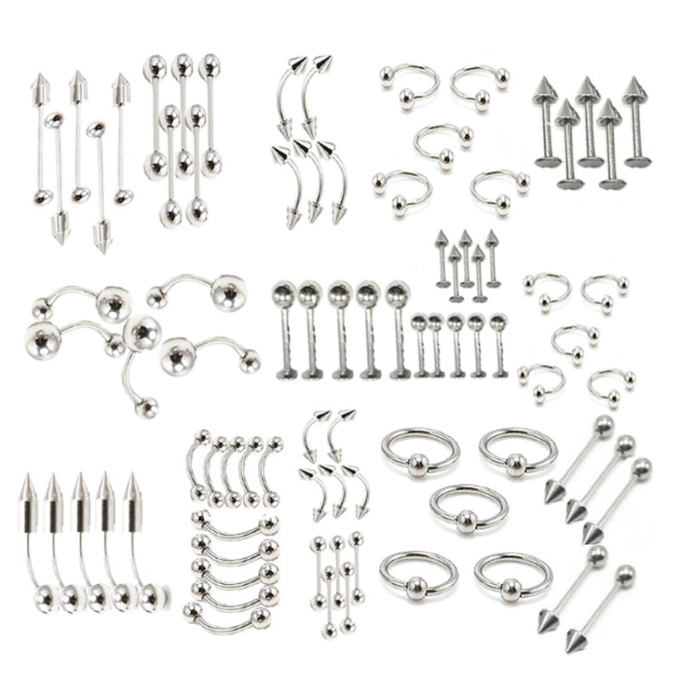 Stainless steel body piercing starter kit with barbells, curved studs, and rings