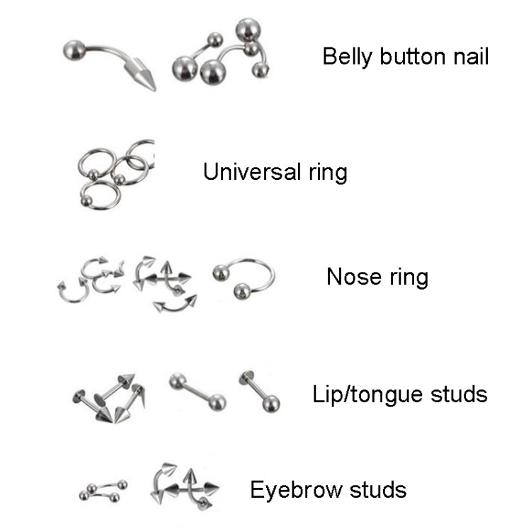 Assorted stainless steel piercing jewelry with belly button barbell, nose ring, and studs