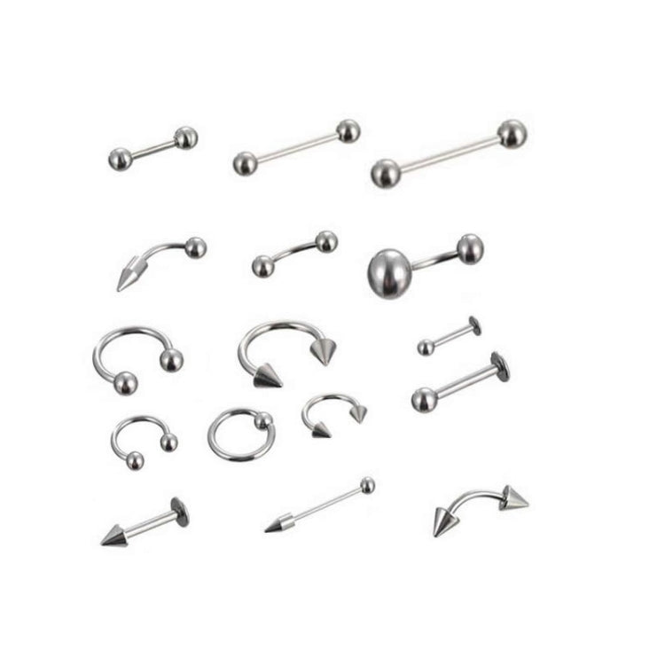 Stainless steel piercing jewelry set, curved barbells, rings, and cone studs