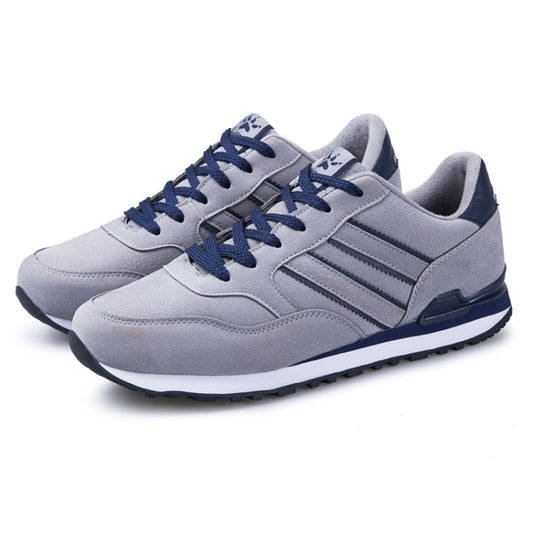 Men's walking running shoes in light gray with blue lace-up closure and rubber sole