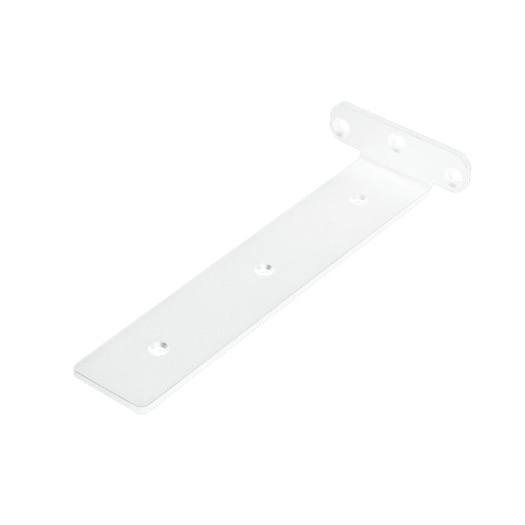 White triangular bookshelf partition bracket plate with predrilled mounting holes.