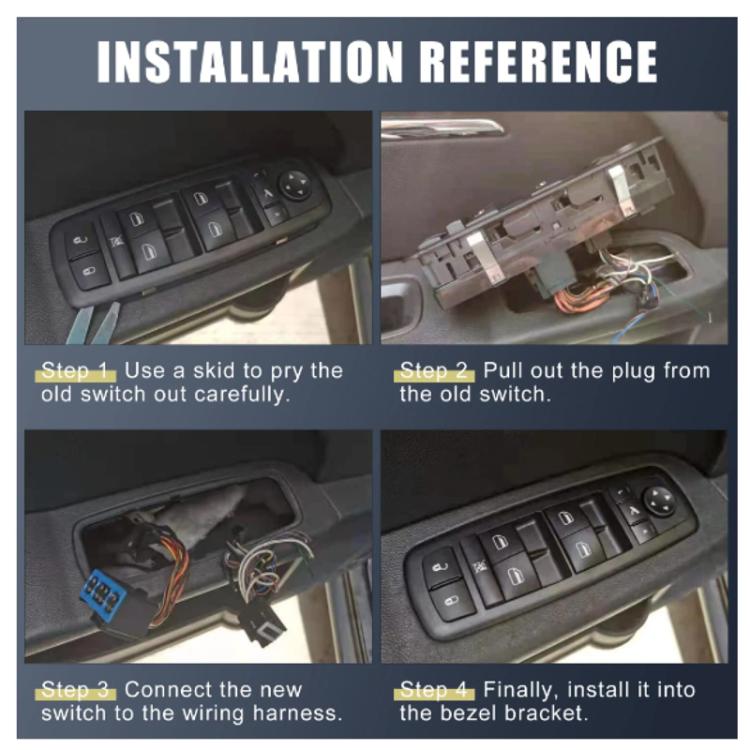 Installation reference for Honda window switch button kit with four step diagrams