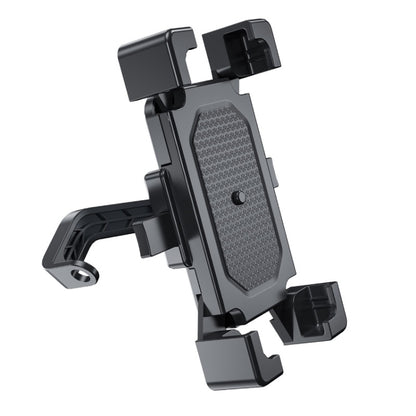 Black shockproof motorcycle phone holder with textured grip pad and mirror-style mounting arm