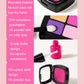 Mini makeup compact with pink and purple eyeshadow blocks and small empty bottle