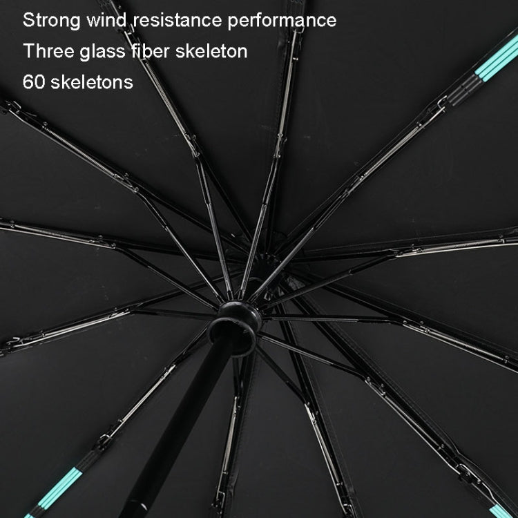 Open automatic umbrella with black ribs and teal-striped fiberglass skeleton, wind-resistant