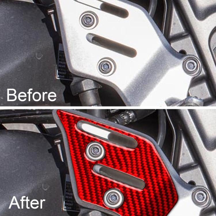 Red carbon-fiber footpad sticker on motorcycle footrest panel