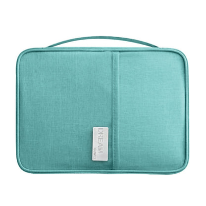 Turquoise travel passport document bag with handle, zip closure, two-panel interior