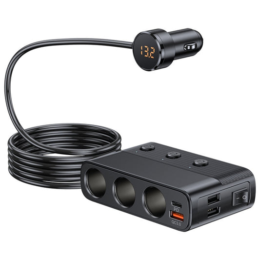 Car cigarette lighter USB charger with round voltage display and USB ports