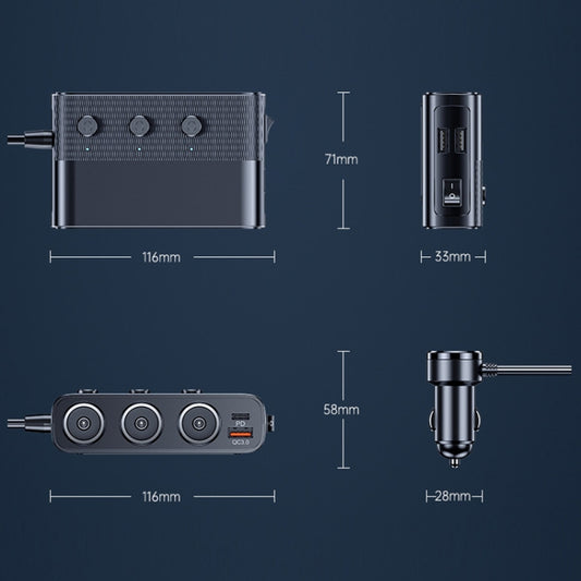 Compact car cigarette lighter USB charger with port layout dimensions shown