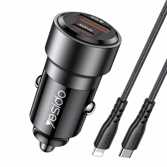 Yesido car charger QC3.0+PD 30W with dual USB-C ports and two braided USB-C cables