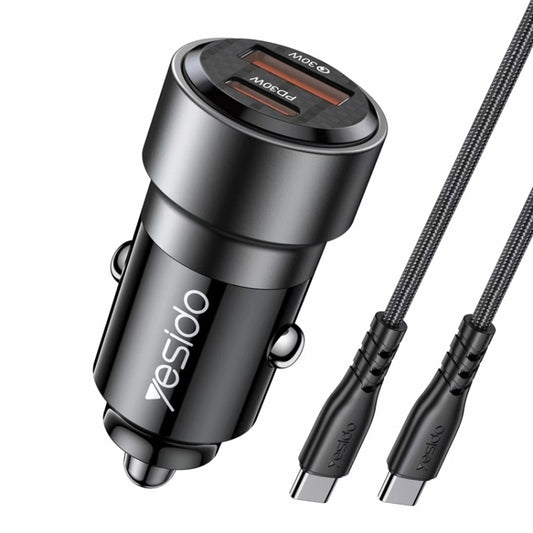 Yesido car charger QC3.0+PD 30W with dual USB-C ports and braided USB-C cable pair