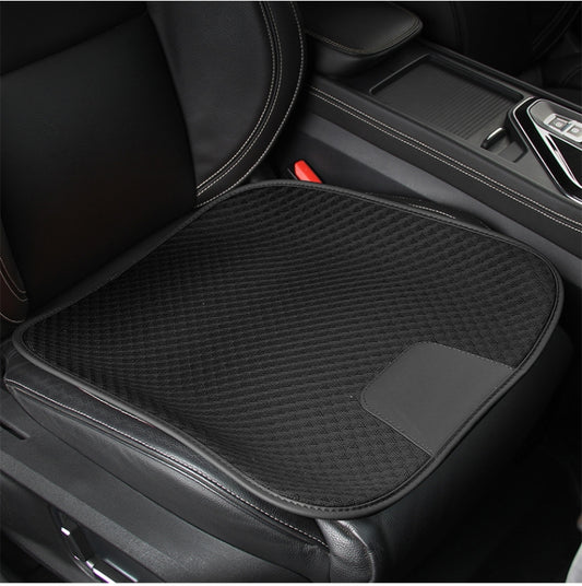 Black car seat without backrest cushion with textured mesh and corner strap patch